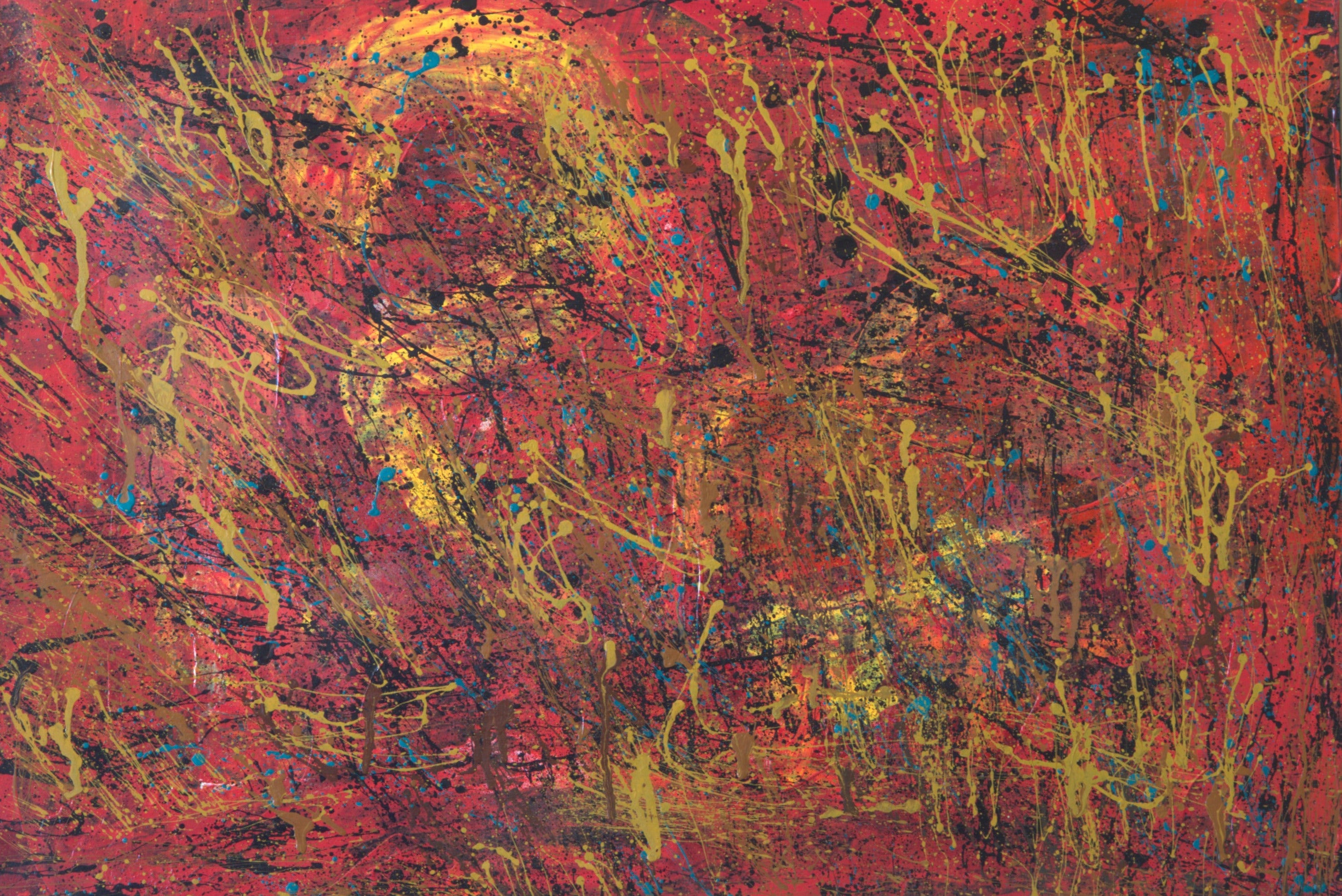 Abstract painting with red, yellow, and black on a white background