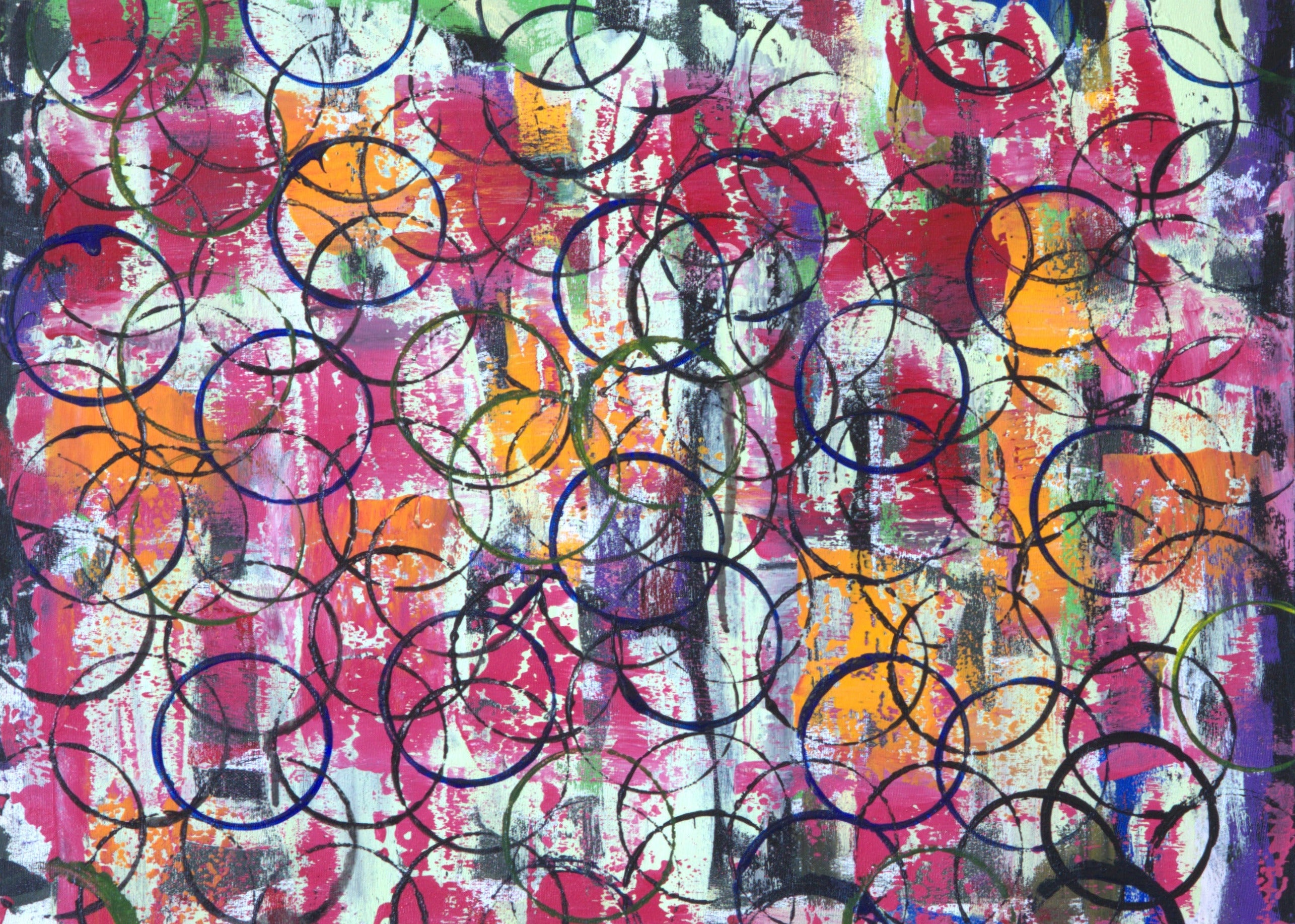 Abstract artwork with colorful circles on a gray background